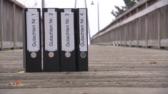 Auf einer Brücke wurden vier Ordner aufgestellt, mit den Titeln von Gutachten 1-4.  