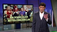 Christian Ehring neben einem Bild von kriminell aussehenden Männern im Stil der Sitcom "Eine schrecklich nette Familie".  