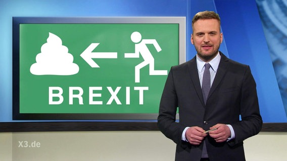 Eine Moderator im Studio neben ihm eine Abbildung mit einem Notausgangs Schild: Brexit.  