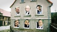 Eine Fotocollage: ein Haus und aus jedem Fenster schaut ein anderer rechter Politiker.  