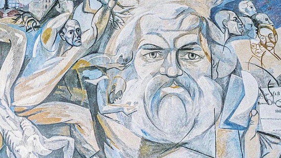 Eine Malerei aus der DDR zeigt ein Portrait von Marx.  