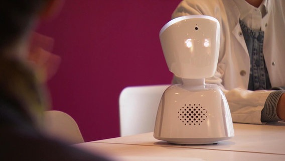Ein Mini-Roboter steht auf einem Tisch. Mithilfe des Roboters können Kinder aus dem Krankenhaus heraus am Schulunterricht teilnehmen.  