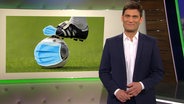 Christian Ehring, im Hintergrund ein Fußball und Fußballschuh mit Mundschutz  