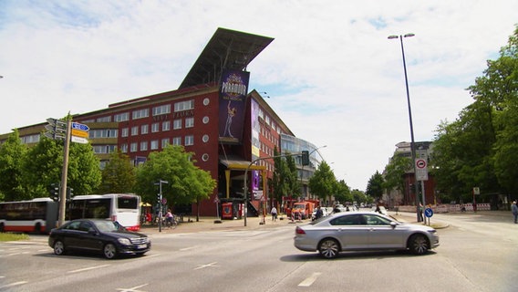 Blick über eine befahrene Straßenkreuzung auf das Musical-Theaer "Neue Flora" in Hamburg.  