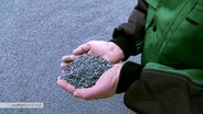 Ein Mensch hält einen kleinen Haufen von Basaltsplittern in seinen beiden Hände.  