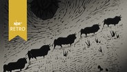 Gemälde zeigt Kühe auf einen Hügel steigend unter der Sonne  