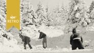 Drei junge Männer in verschneitem Wald bei einer Schneeballschlacht (1960)  