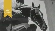 Plakat mit Zeichnung eines Springreiters auf einem Pferd zum Reitturnier Hannover 1961  