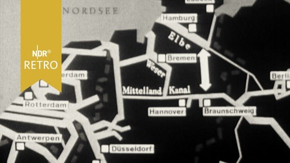 Landkarte von Nordeutschland mit Markierung an der Stelle des geplanten Nord-Süd-Kanals (1965)  