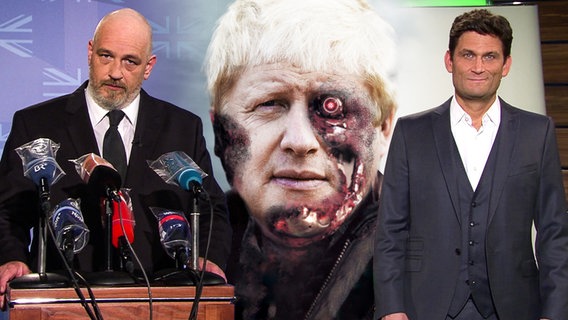 Ein Mann hinter einem Rednerpult, hinter ihm das Konfertei von Boris Johnson und der Union Jack.  