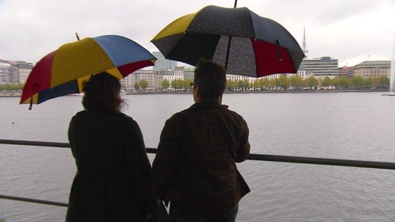 Meike Vertein und ihre Mutter mit Schirmen an der Binnenalster.  