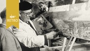 Maler und Restaurateur an einem Landschaftsgemälde auf einer Staffelei (1962)  