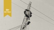 Richtkranz wird an erstem Masten der Elektrifizierung der Bundesbahn Nord-Südstrecke hochgezogen (1961)  