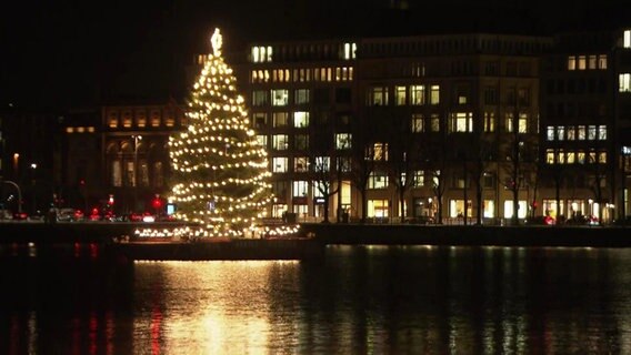 Die beleuchtete Alstertanne in Hamburg.  