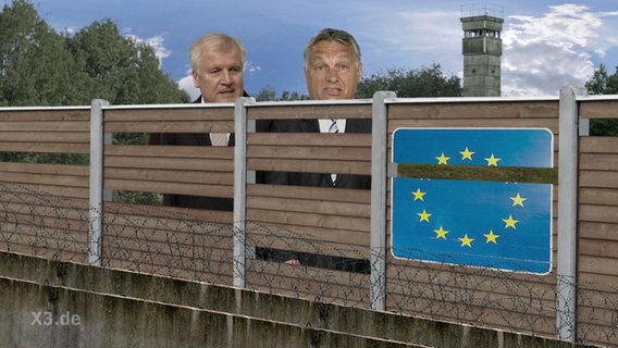 Seehofer und Orban hinter einem europäischen Grenzzaun.  