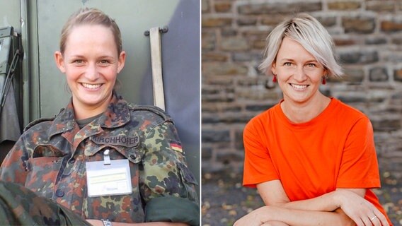 Montage von zwei Bildern der selben Frau, Corinna Kirchhöfer: links als Soldatin mit streng in einem Zopf getragenen Haaren, rechts Jahre später in einem Kleid mit kurzen Haaren. © Corinna Kirchhöfer 
