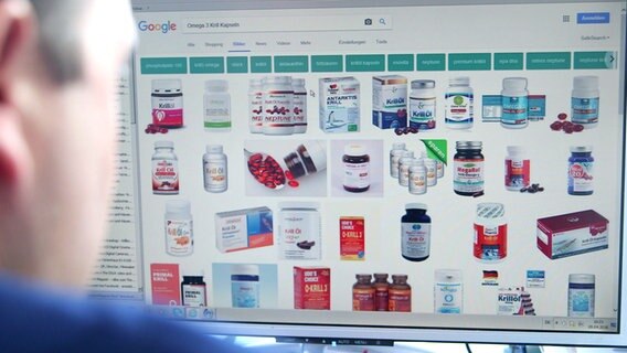 Übersicht einer Suchergebnisseite von Google mit Omega-3-Fettsäure-Präparaten aus Krillöl. © NDR/HTTV 