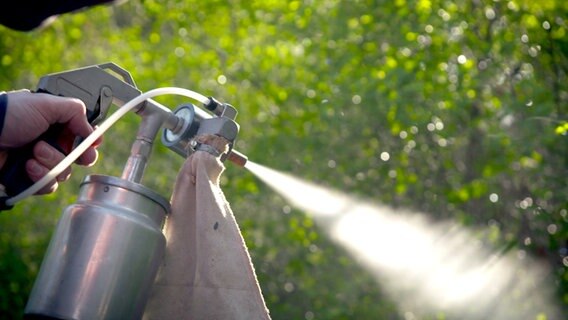 Ein Mann hält eine Spritzgerät in der Hand und sprüht Puderzucker © NDR 