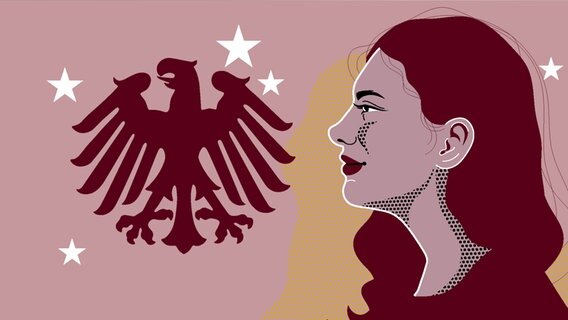 Gezeichnetes Bild zeigt die Autorin des Films im Profil. Sie schaut nach links auf einen Bundesadler. Zu sehen sind zudem ein paar Sterne. © NDR | Viktoria Grunjajew 