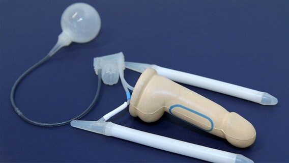 Ein dreiteiliges Schwellkörper-Implantat neben einem Penis-Dummy. © NDR 