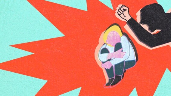 Illustration mit einem großen, aggressiven Stern. Darauf hockt ein Kind-Figur und macht sich ganz klein. Eine erwachsene Figur brüllt auf es ein und hat die Faust erhoben. © NDR | Design: Pascale Guillon/NDR Design 