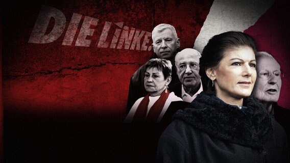 Collage mit Parteischriftzug Die Linke im Hintergrund. Vorn Sahra Wagenknecht groß. Rechts Oskar Lafontaine. Links Gregor Gysi, Elke Breitenbach und Thomas Nord. © NDR; Porträt Sahra Wagenknecht: picture alliance / Geisler-Fotopress | Matthias Wehnert/Geisler-Fotopre; Gestaltung: Eva Tüting/NDR Design 