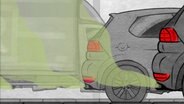 Animierte Zeichnung zeigt Autos und einen Lkw auf der Straße und die Abgase, die sie ausstoßen. © 45 Min 