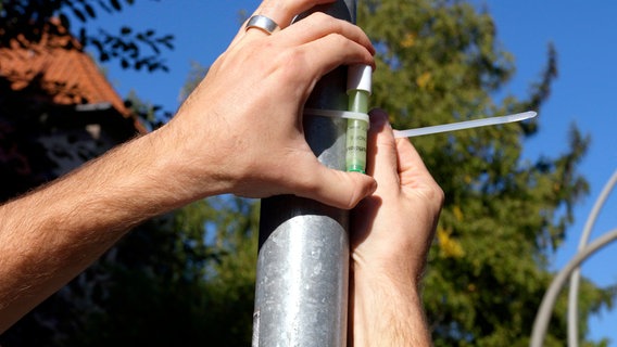 Bei der Zuschauer-Aktion #WasAtmestDu? hängen die kleinen Röhrchen einen Monat lang und messen Stickstoffdioxid im Straßenverkehr. © NDR 