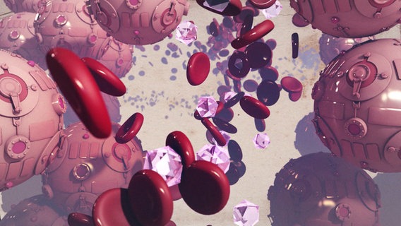 Nicht naturalistische Grafik stellt Blutfluss mit Glukose darin dar. Rosa Kristalle stellen den Traubenzucker dar. Die Zellen sehen aus wie runde Tauchkugeln aus Metall, mit schweren Klappen. © NDR/45Min 