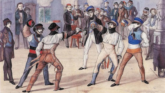Zeichnung zeigt Studenten einer studentischen Verbindung in einem Fechtkampf.  