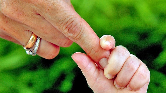 Ein Kleinkind hält mit seiner kleinen Hand den Zeigefinger seiner Mutter fest. © (c) dpa - Report 