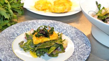 Ein gebackener Camembert ist mit Salat und einer Preiselbeer-Vinaigrette angerichtet. © NDR Foto: Florian Kruck