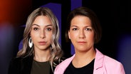 Mara und Katrin Biber vor dem Logo der Sendung deep und deutlich. © NDR | Beba Lindhorst 