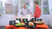 Im Vordergrund Schälchen mit Nüssen, Soja, Weizenmehl, Ei, Fisch und ein Glas Milch, im Hintergrund die Ernährungs-Docs. © NDR 