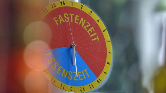 Uhr mit 24-Stunden-Einteilung und der Beschriftung "Fastenzeit" - "Essenszeit". © NDR 