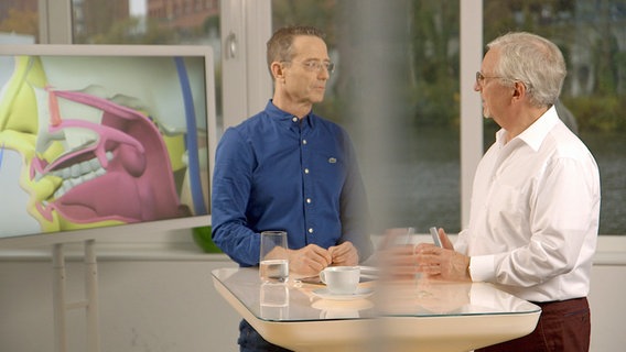 Die Ernährungsdocs Jörn Klasen und Matthias Riedl beraten sich © NDR 