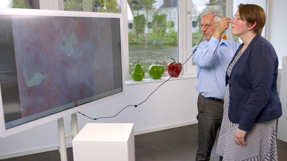 Ernährungs-Doc Jörn Klasen untersucht Patientin mit einer Hautkamera. © NDR 
