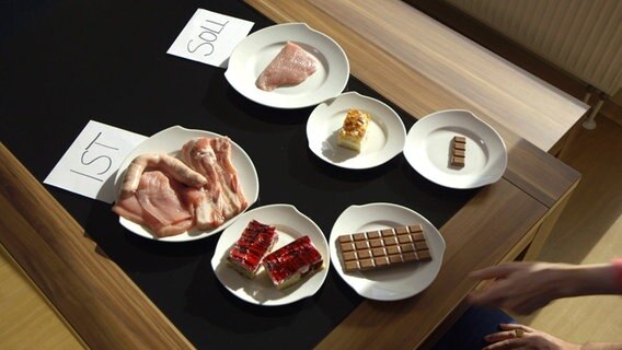 Auf einem Tisch stehen Teller mit Fleisch und Süßem in unterschiedlichen Portionsgrößen. © NDR 