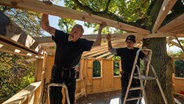 Hans Maassen und Holger Danz bringen die Dachsparren des Baumhauses an. © NDR/dok.weit/Patrick Stijfhals 