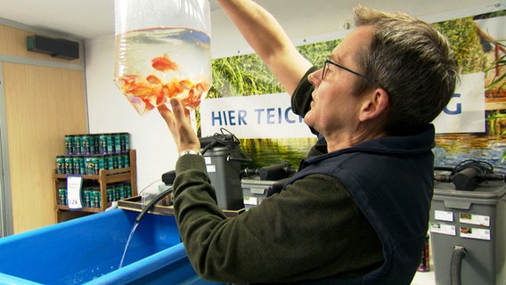 Chef Klaus Möller beim Überprüfen der wöchentlichen Teichfischlieferung. © NDR/MfG-Film GmbH und Co. KG/Lars Tolis 