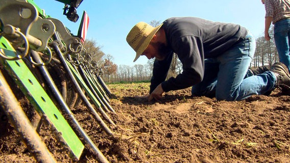 Landwirt Jan Wreesmann prüft, wie tief die Senfsamen in den Boden kommen. © NDR/TV Plus/Christian Kell 