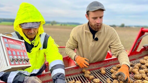 Kartoffel-Ernte. David Reinartz steht dabei auch selbst auf der Maschine. Flache Hierarchien sind ihm wichtig. © NDR/Populär Film 