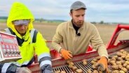 Kartoffel-Ernte. David Reinartz steht dabei auch selbst auf der Maschine. Flache Hierarchien sind ihm wichtig. © NDR/Populär Film 