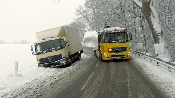 Dieser LKW ist bei Schneeglätte von der Landstraße abgekommen und muss nun von den Hartmanns geborgen werden. © NDR 