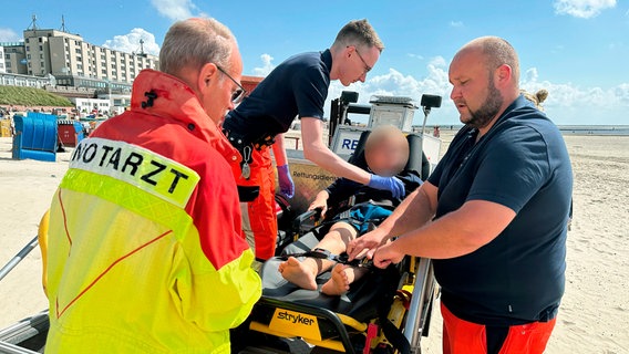 Notfallrettung am Strand von Borkum: Sanitäter Timo Schneckmann (rechts) und Chefarzt Stefan Karl Förg (links) transportieren einen verletzter Schüler mit dem Quad zum Rettungswagen. © NDR/MedienKontor Oldenburg/Anja Michaeli 
