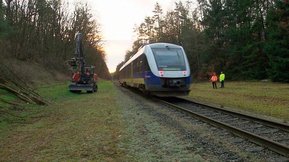 Wenn ein Zug durchfährt, herrscht Lebensgefahr an den Bahnschienen: Der Fäll-Bagger und die Forstarbeiter müssen sofort mit der Arbeit aufhören. © NDR/Kamera Zwei/Malte von der Brelie 