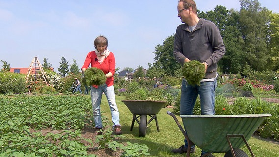 Gemeinsam gärtnern: Die Vereinsvorsitzende im Küchengarten, Christina Martens, zeigt einem Gartenneuling, wie man Kartoffeln mulcht. © NDR/Erdmanns Filmproduktion 