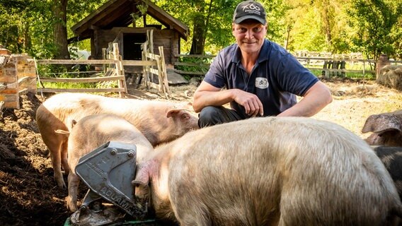 Ein Mann hockt im Freien zwischen Schweinen. © NDR/RBB/Thomas Ernst Foto: Thomas Ernst