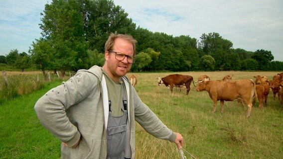 Die Rinder von Bio-Landwirt Henning Beeken leben ganzjährig draußen. Wenn das Gras auf einer Weide abgefressen ist, müssen die Tiere auf eine andere Weide umgetrieben werden. Und das ist nicht ganz ungefährlich, denn der Bulle hat einen Spitznamen, der nicht von ungefähr kommt: "Zorni". © NDR 
