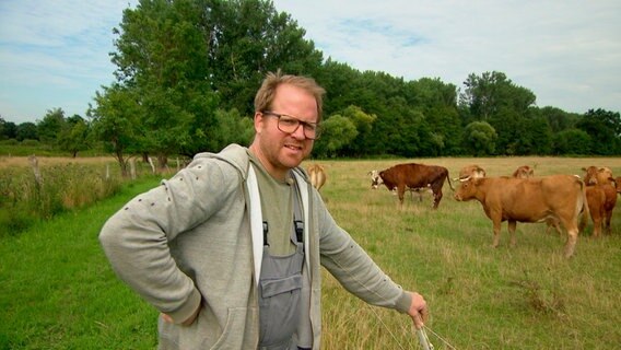 Die Rinder von Bio-Landwirt Henning Beeken leben ganzjährig draußen. Wenn das Gras auf einer Weide abgefressen ist, müssen die Tiere auf eine andere Weide umgetrieben werden. Und das ist nicht ganz ungefährlich, denn der Bulle hat einen Spitznamen, der nicht von ungefähr kommt: "Zorni". © NDR 